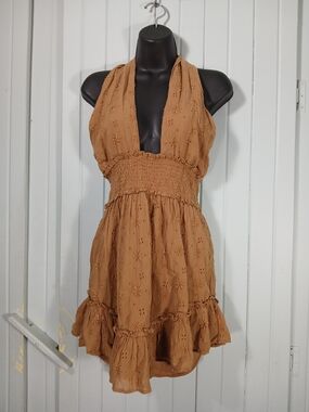 Aerie Brown Eyelet Halter Mini Dress